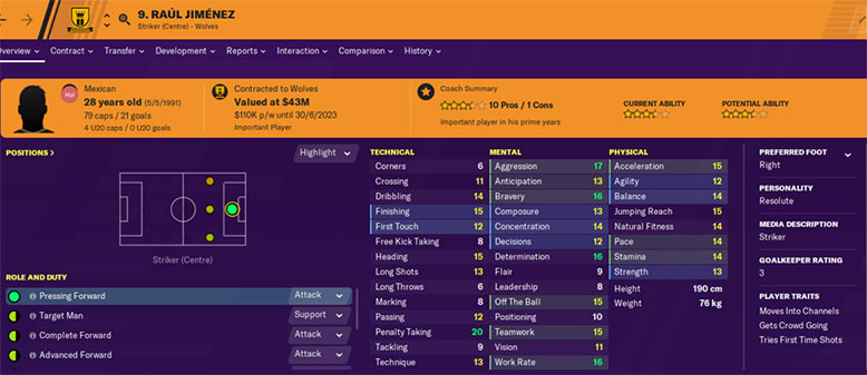raul jimenez fm20 stats - raul jimenez attributes